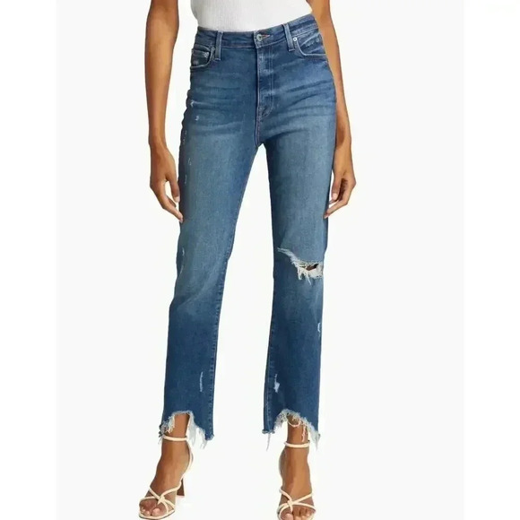 Jonathan Simkhai Sz 25 River High-Rise‎ Distressed Stretch Ankle Crop Blue Jeans - Picture 1 of 13